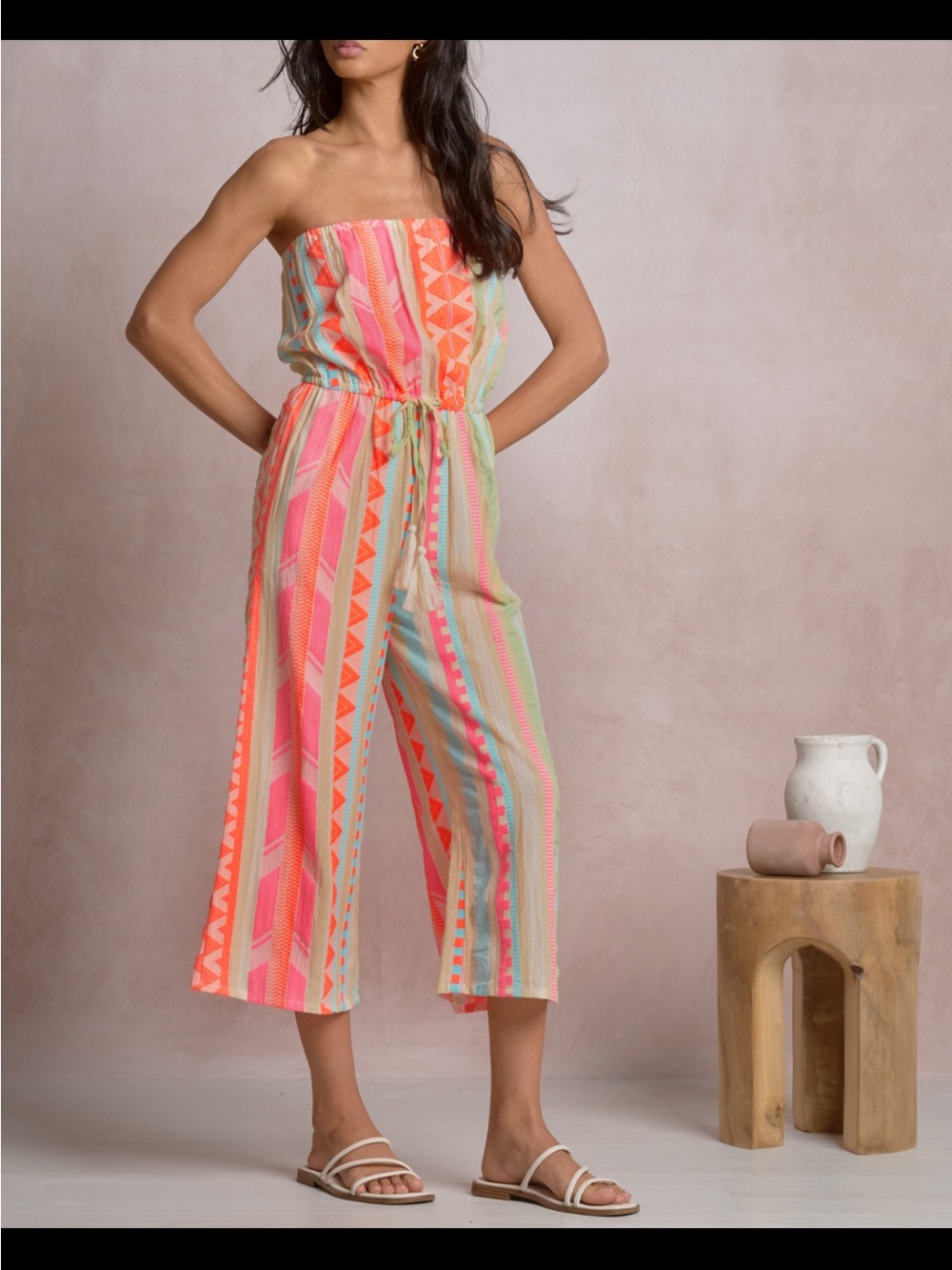 Elan Strapless Jumpsuit Small Neon Aztec Wide Leg Boho Resort